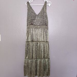 1. State Gold Metallic V Neck Midi Dress Tiered Floral Print Evening Dress Sz L